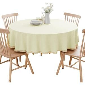 60 inch Round Tablecloth Lace Tassel Waterproof Cotton Linen Round Off White